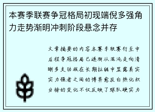 本赛季联赛争冠格局初现端倪多强角力走势渐明冲刺阶段悬念并存