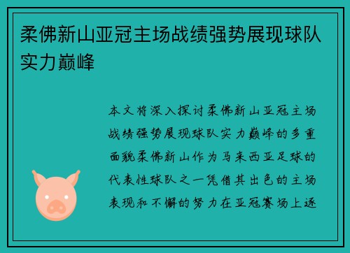 柔佛新山亚冠主场战绩强势展现球队实力巅峰